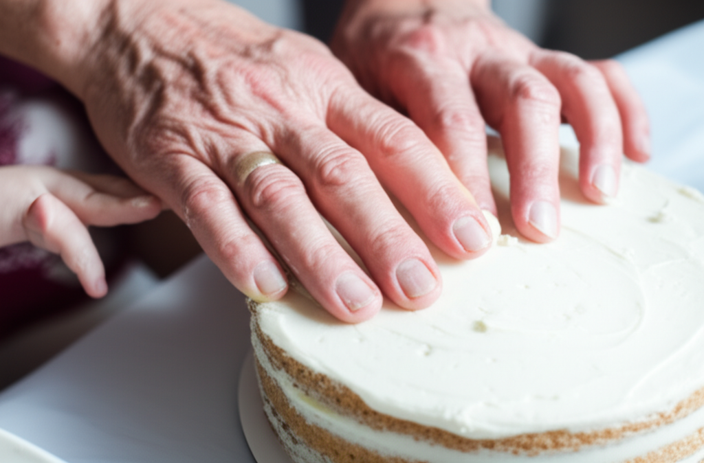 A close-up shot of hands: an elderly hand gently guiding a younger, smaller hand as they work together on a delicate task, such as frosting a cake, knitting, or gardening. Focus on the textures of the hands and the connection implied by the shared activity.