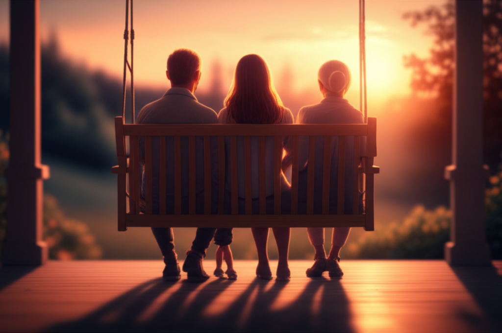 A slightly blurred, warmly lit image showing the backs of three figures (child, parent, grandparent) sitting together on a porch swing at dusk, all looking out at a distant, glowing sunset.
