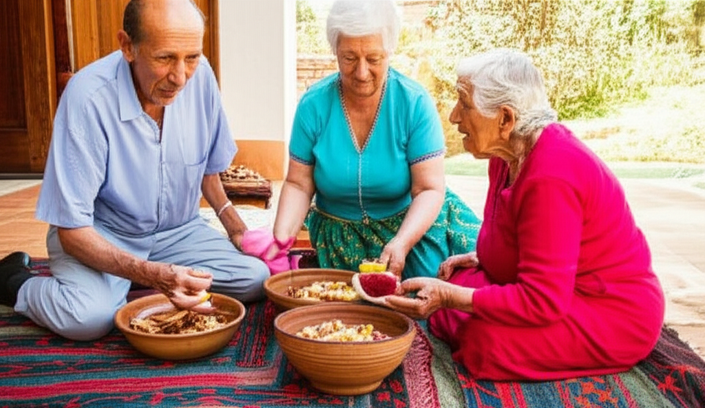 A photograph depicting three generations (grandparent, parent, child) seated together on a traditionally woven rug, sharing a meal of food prepared with recipes passed down through their family, each person visibly engaged in the meal and enjoying each other's company.