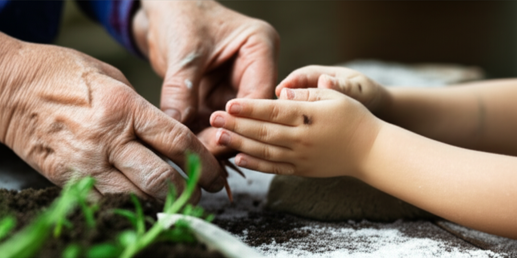 A close-up shot of weathered hands, presumably belonging to an elderly person, gently guiding the smaller, smoother hands of a child in a shared activity, such as knitting, gardening, or cooking. The focus is on the hands and the tactile connection between them, conveying a sense of learning and shared tradition.