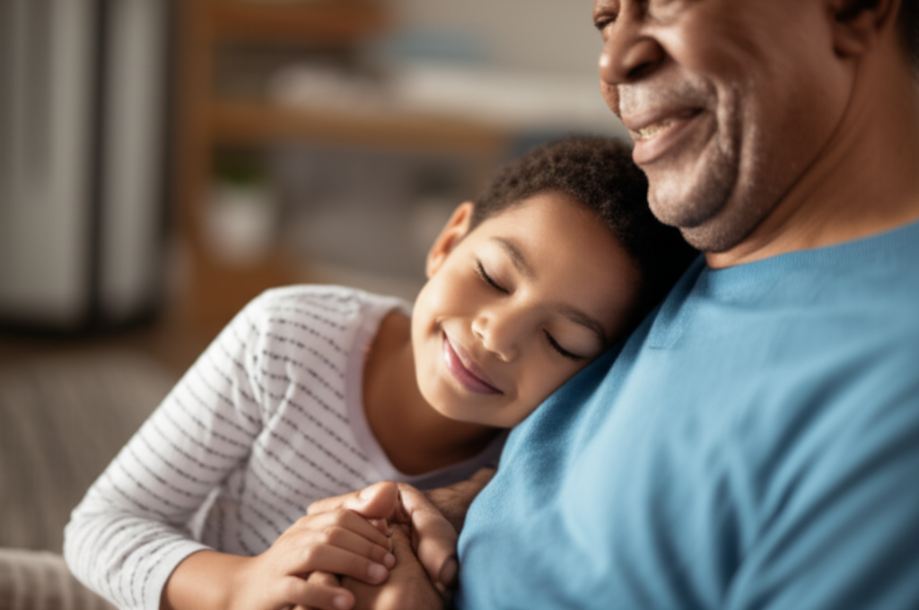 A photograph depicting a child with their eyes closed, leaning their head against the shoulder of an elderly person, both sharing a gentle, genuine smile. Their hands are intertwined. The background is softly blurred and suggests a warm, comfortable home environment.