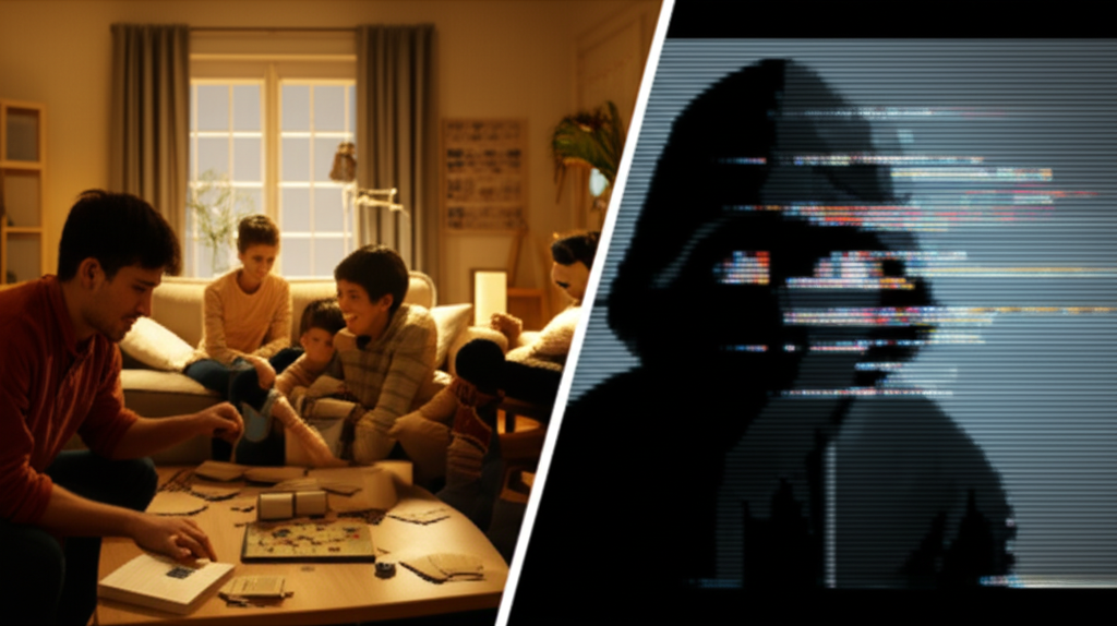 A split-screen image: One side shows a warmly lit, cozy living room with a family playing a board game, suggesting connection and open communication. The other side shows a dark, shadowy figure lurking behind a stylized, pixelated screen, partially obscured by digital noise, representing online predators. The contrast in lighting and atmosphere should be stark.