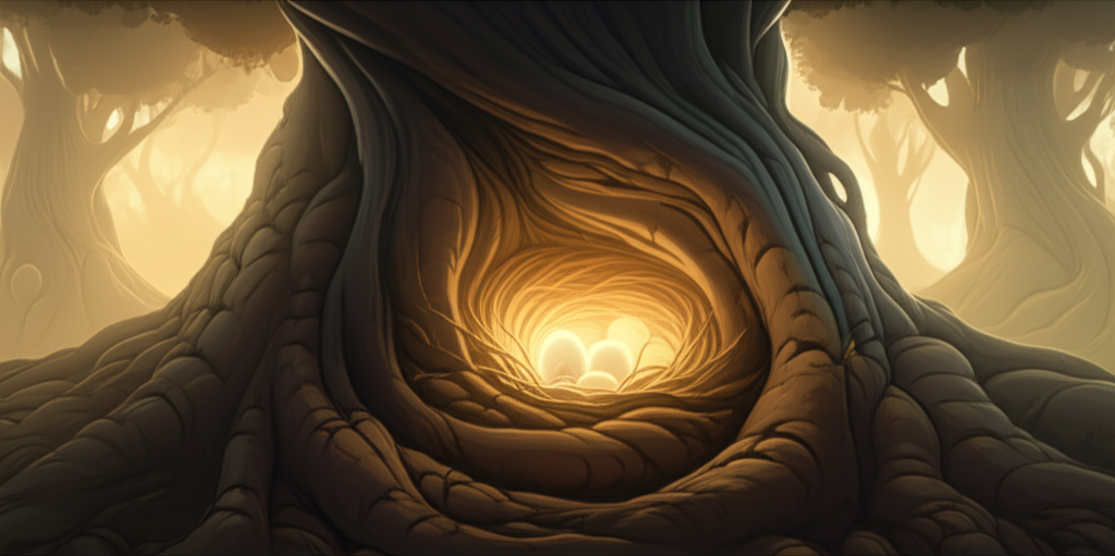 A stylized, intertwined tree with thick, protective roots cradling a small, glowing bird's nest containing delicate, luminous eggs. The entire scene is bathed in a soft, warm light emanating from within the nest, suggesting security and care.