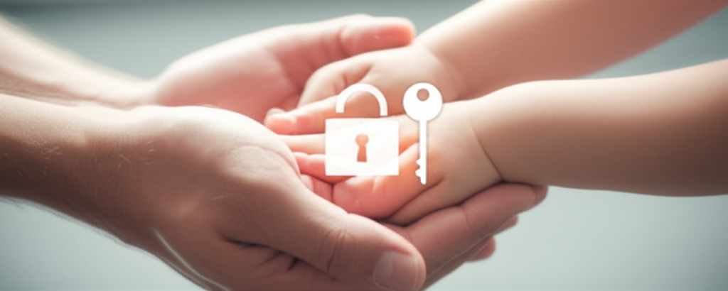 A close-up shot focusing on the clasped hands of two people, possibly a parent and child, with a faint, glowing digital lock and key hovering protectively above their hands. The lock and key are semi-transparent, suggesting technology securing their bond.
