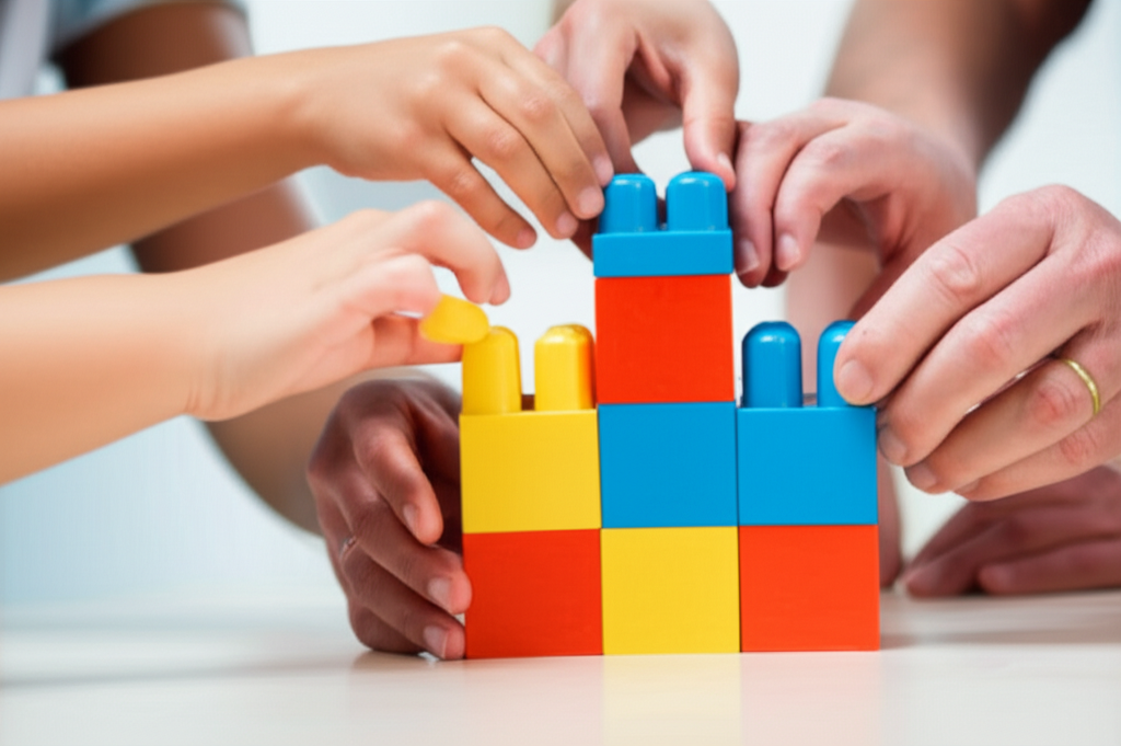 An image depicting hands of different ages (child, adult, elderly) collaboratively building a simple, colorful block tower, each hand contributing a block.