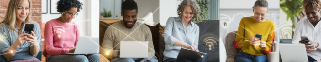 An image showing a diverse group of people (different ages and ethnicities) sitting comfortably in their homes, smiling and looking at their respective devices (phones, tablets, laptops). Thin, glowing lines visually connect their devices, subtly suggesting a secure connection. The overall color palette is warm and inviting.