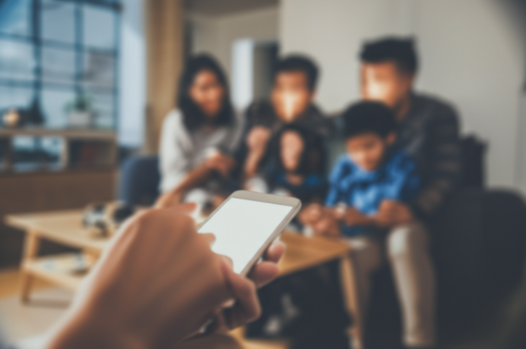 A warm, slightly out-of-focus background depicts a family (parents and two children) sitting comfortably around a living room coffee table. In the foreground, the blurry image of a phone held in one of the parent's hands is intentionally blurred more intensely than the rest of the image, but faint light emanates from it, casting soft, diffused glows on their faces, suggesting a shared, pleasant communication moment happening via the device.